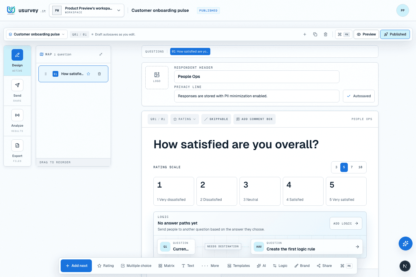 usurvey.it builder with question editing, survey map, publishing controls, and answer scale.